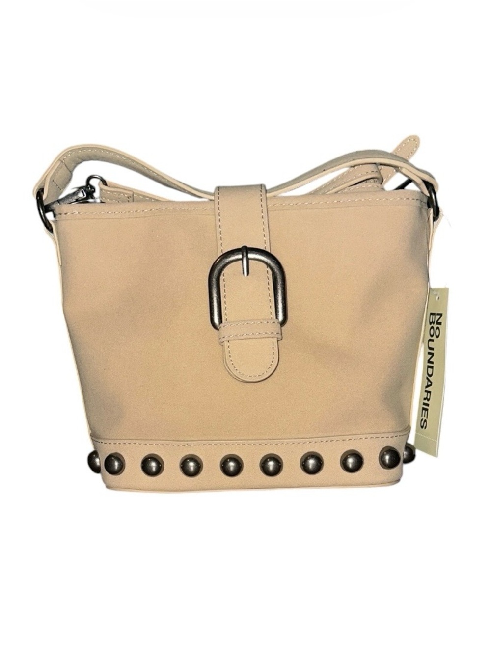 No Boundaries Studded Faux Suede Bucket Bag Beige Crossbody